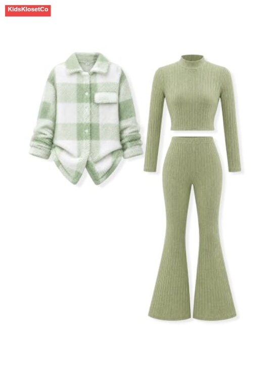 Other - Girls 3 Piece Plaid Jacket Rib Knit Top Flare Pants Tween Outfit 7-14Y